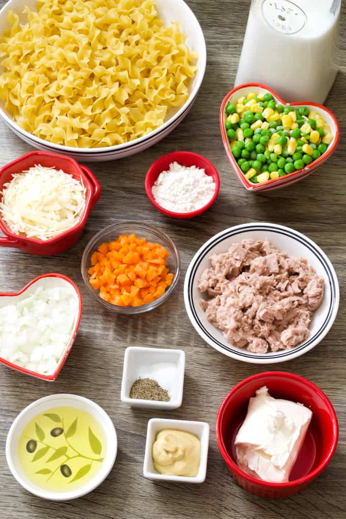 Overhead shot of the ingredients needed to make cheesy tuna noodles.