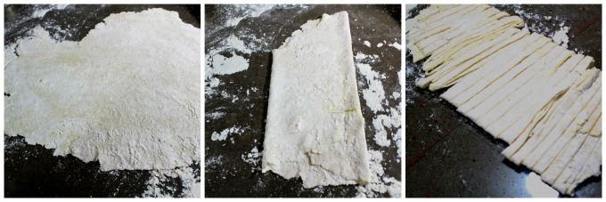 3 small pictures showing the next steps to make homemade egg noodles.