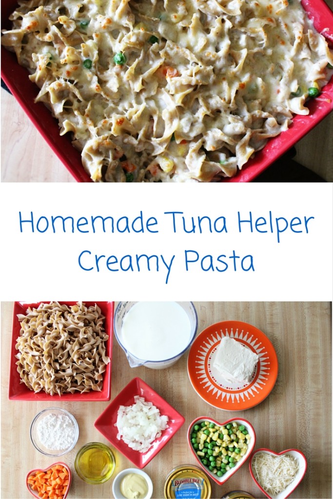Homemade Tuna Helper Creamy Pasta is a healthier version of the popular boxed dinner. It uses canned tuna, wheat noodles, frozen vegetables, and cheese. 