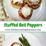 Bell peppers stuffed with ground beef, rice, and spices topped with tomatos sauce and mozzarella cheese.