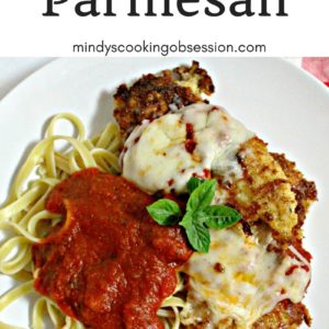 This is an easy Chicken Parmesan recipe that combines bread crumbs and cheese to coat the chicken and is served with jar sauce and long pasta.