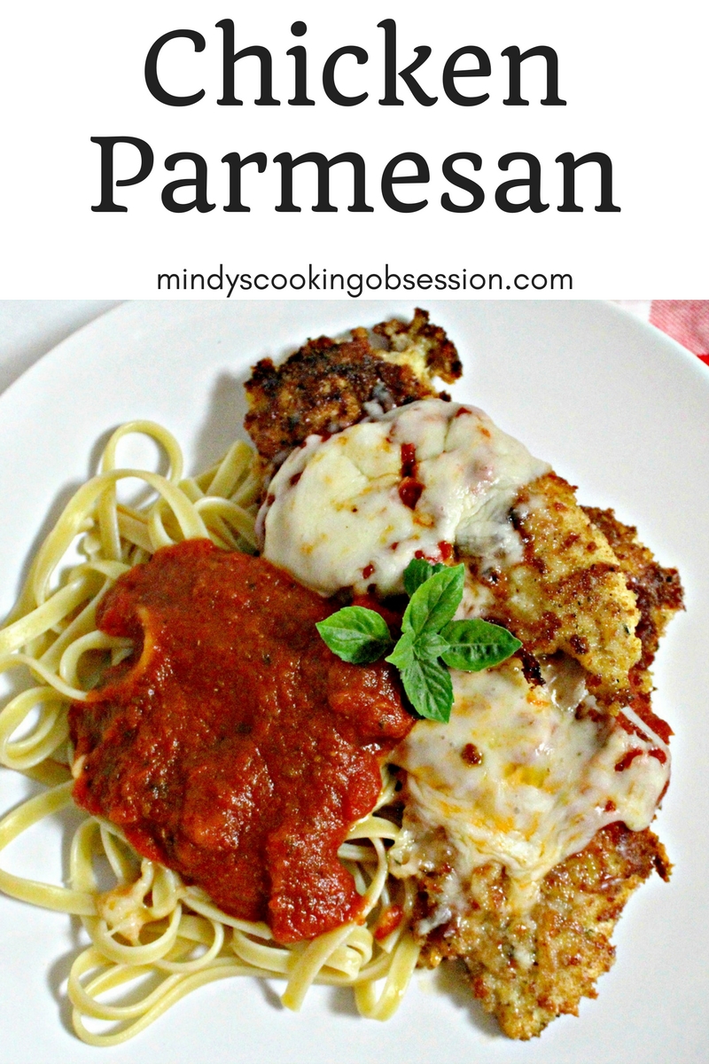 This is an easy Chicken Parmesan recipe that combines bread crumbs and cheese to coat the chicken and is served with jar sauce and long pasta.