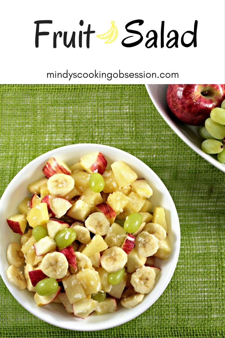 This is a refreshing fruit salad that combines canned pineapple, fresh apples, grapes, coconut, and honey with a dash of cinnamon. 