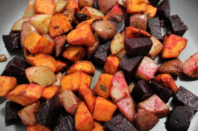Round out any meal with this side dish of fried red potatoes, sweet potatoes, and beets that is delicious and packed with vitamins and high in fiber.