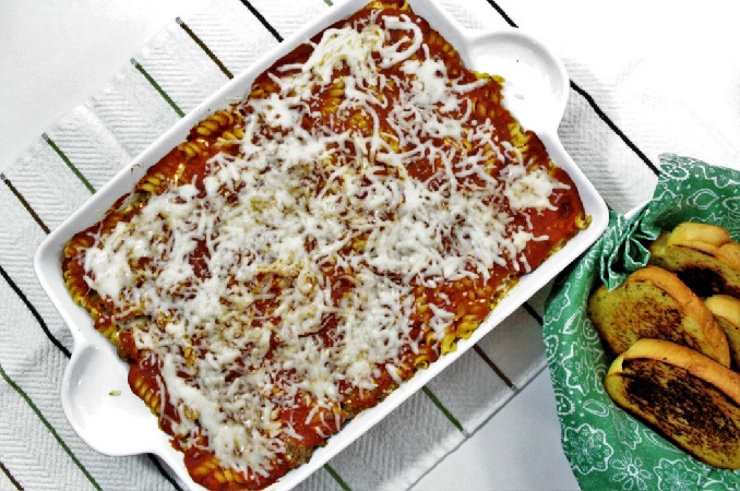Mixed-Up Lasagna combines rotini, ground beef, onion, cheeses, Italian seasoning and jar pasta sauce to make an easier version of this classic dish.