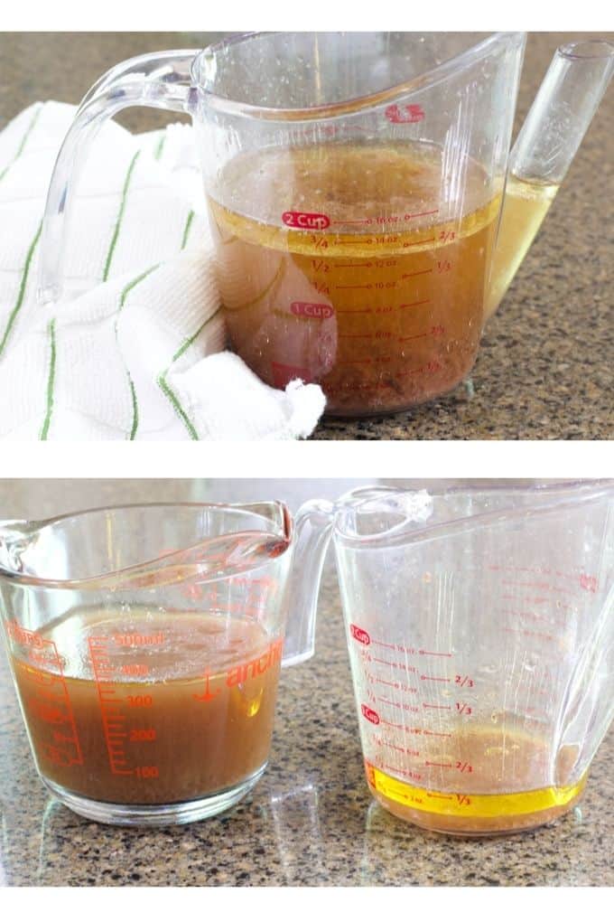 shots of the liquid from the crock post before and after separating the fat from the broth.