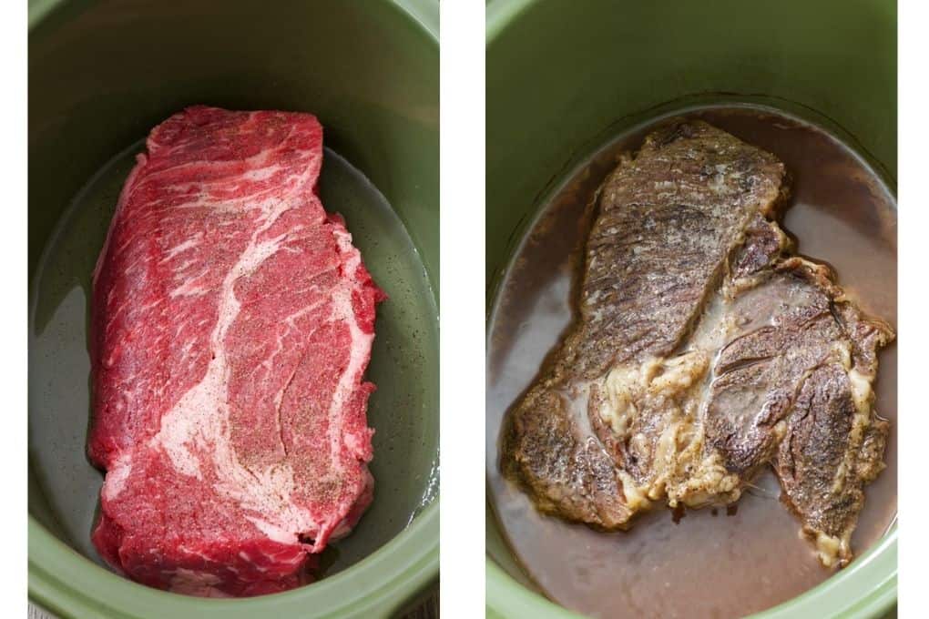 Before and after shots of the raw and cooked roast in the crock pot.