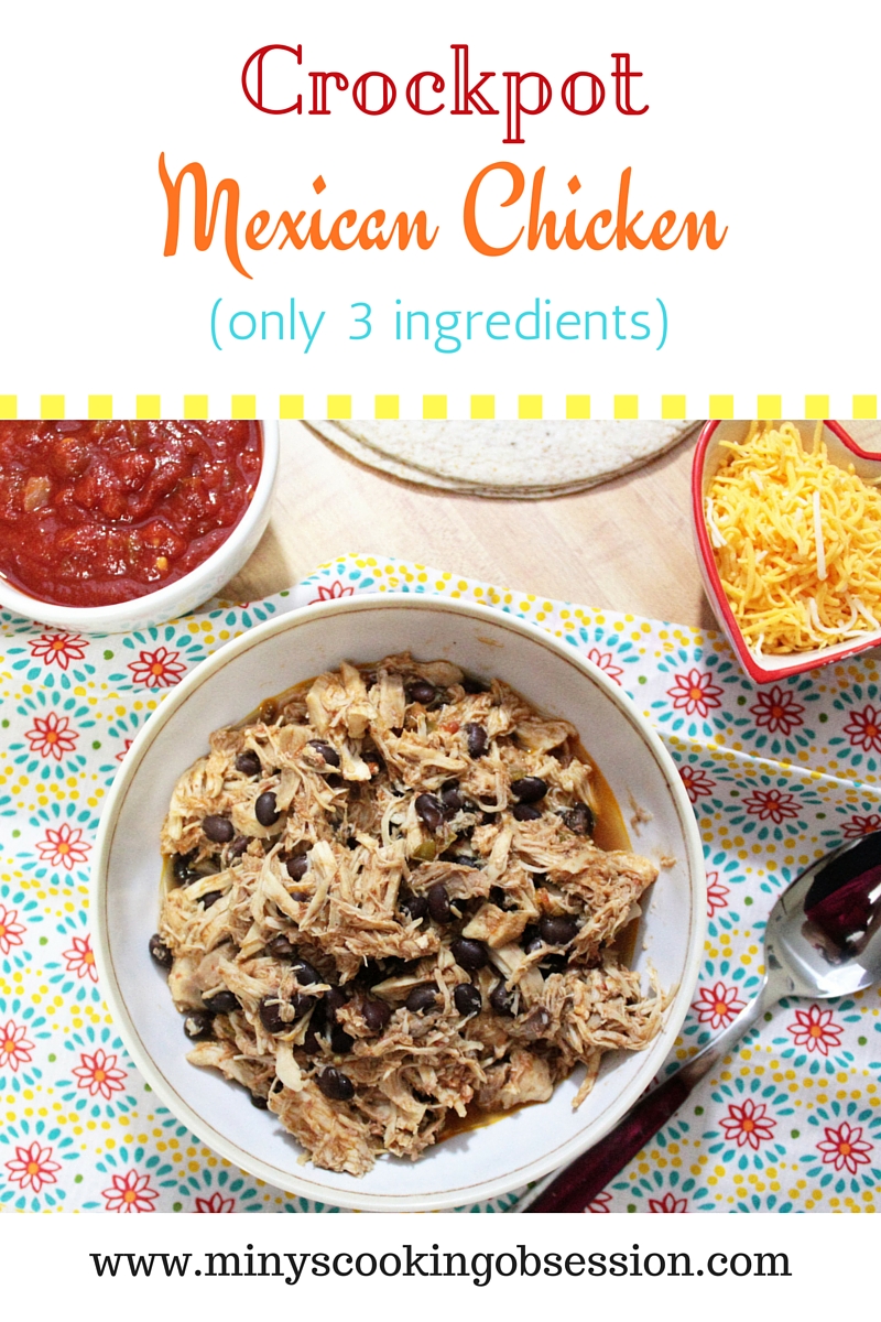 This simple Crockpot Mexican Chicken combines chicken, salsa and black beans. It can be used for tacos, burritos or burrito bowls among other things.