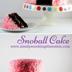 Snoball Cake features a rich chocolate cake, decadent cream filling, vanilla frosting, coconut, and it tastes just like the popular snack cake.