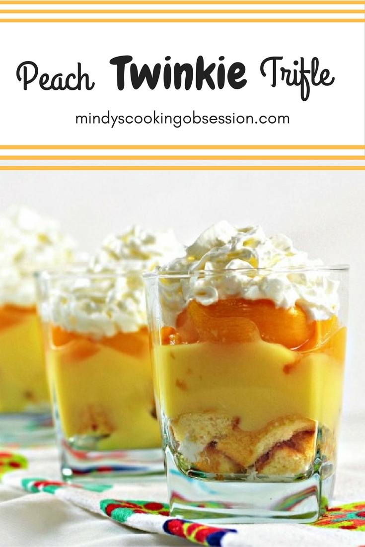 Peach Twinkie Trifle dessert is layered Twinkies, vanilla pudding, and peaches topped with Reddi-Wip. Whip this up in just a few minutes!