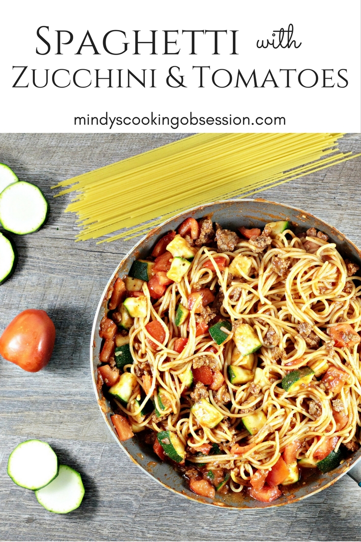 Spaghetti with Zucchini & Tomatoes combines pasta, ground beef, onions, tomato sauce, seasonings, zucchini, and tomatoes. It is fast and healthy.