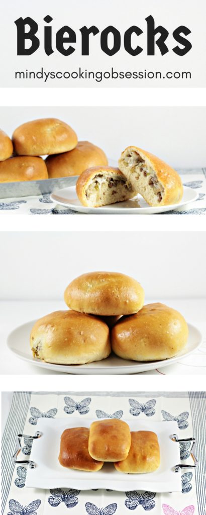 Bierocks are a soft yeast dough pastry sandwich filled with cabbage, ground beef, onion, and cheese. This dish is popular among the German community.