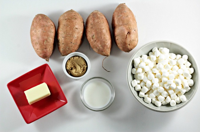 Twice Baked Sweet Potatoes only require 5 ingredients; butter, brown sugar, milk, mini marshmallows, and of course, sweet potatoes. Traditional and delicious!