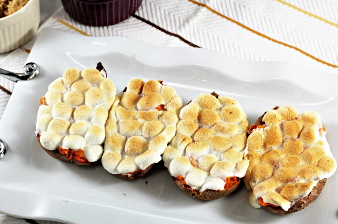 Twice Baked Sweet Potatoes only require 5 ingredients; butter, brown sugar, milk, mini marshmallows, and of course, sweet potatoes. Traditional and delicious!