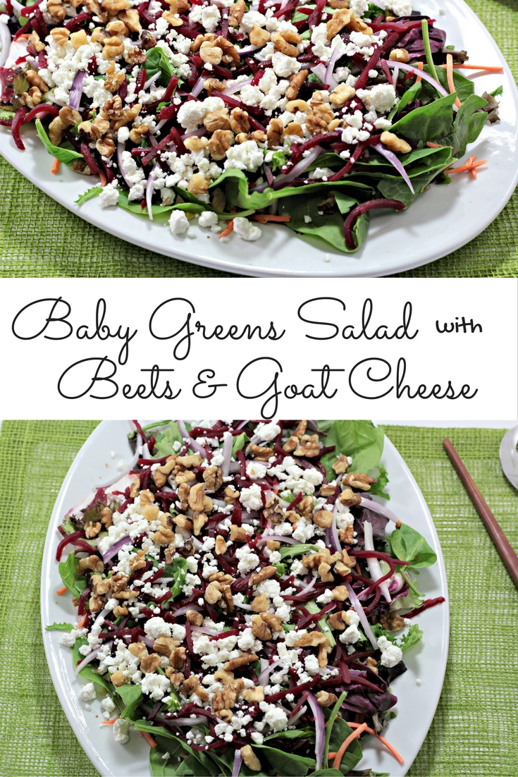 Baby Greens Salad with Beets & Goat Cheese also features red onion and walnuts, topped with orange vinaigrette. Great for winter or any time of the year. 