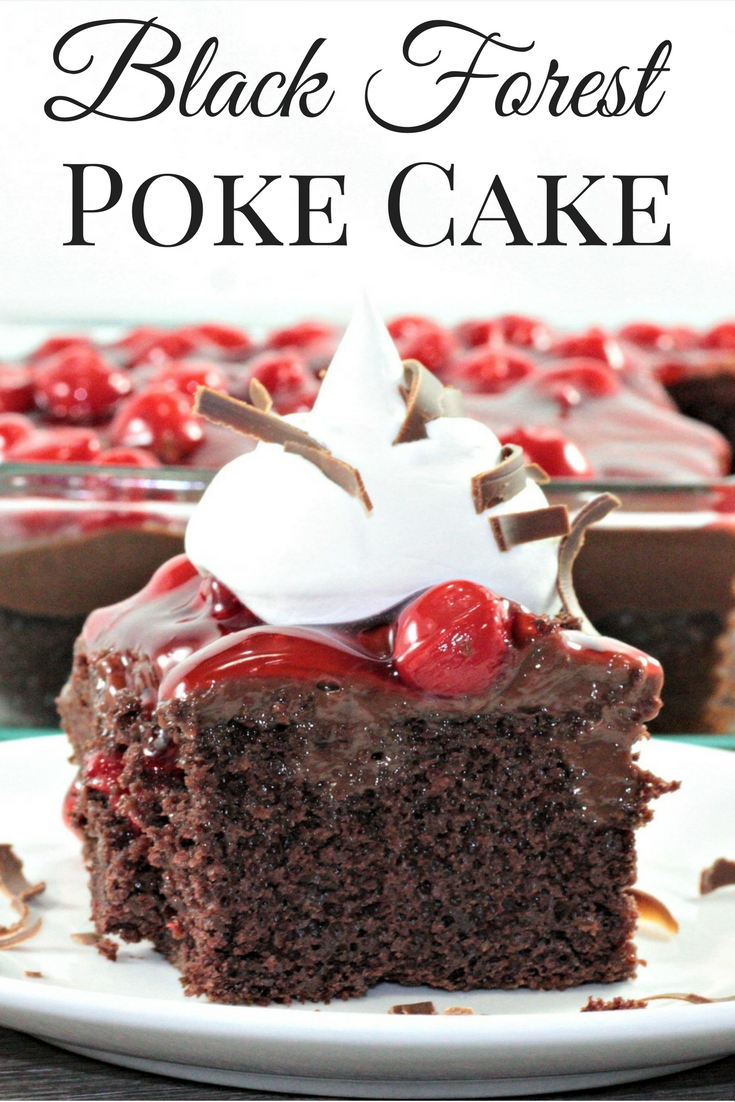 Black Forest Poke Cake features boxed cake mix, chocolate pudding, cherry pie filling, Cool Whip, and shaved chocolate. An easy and delicious dessert.