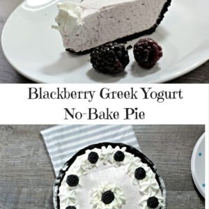 Blackberry Yogurt No Bake Pie features store bought chocolate cookie crust, Greek yogurt, cream cheese, powdered sugar, Cool Whip, and blackberries.
