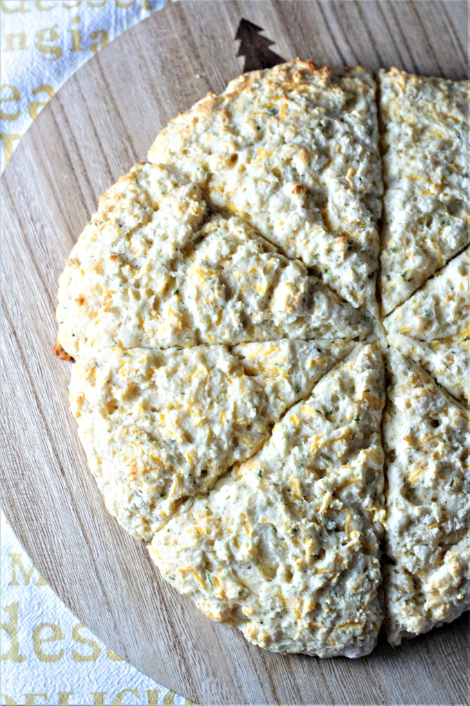 Cheese & Herbs Scones {Heart Smart} combine Bisquick, an egg, Greek yogurt, cheddar cheese, and dried herbs to make a fast and healthy addition to a meal.