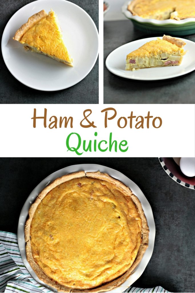 Ham and Potato Quiche features eggs, heavy cream, diced ham, potatoes, and onions, and of course cheddar cheese. Great for breakfast, brunch, or dinner!