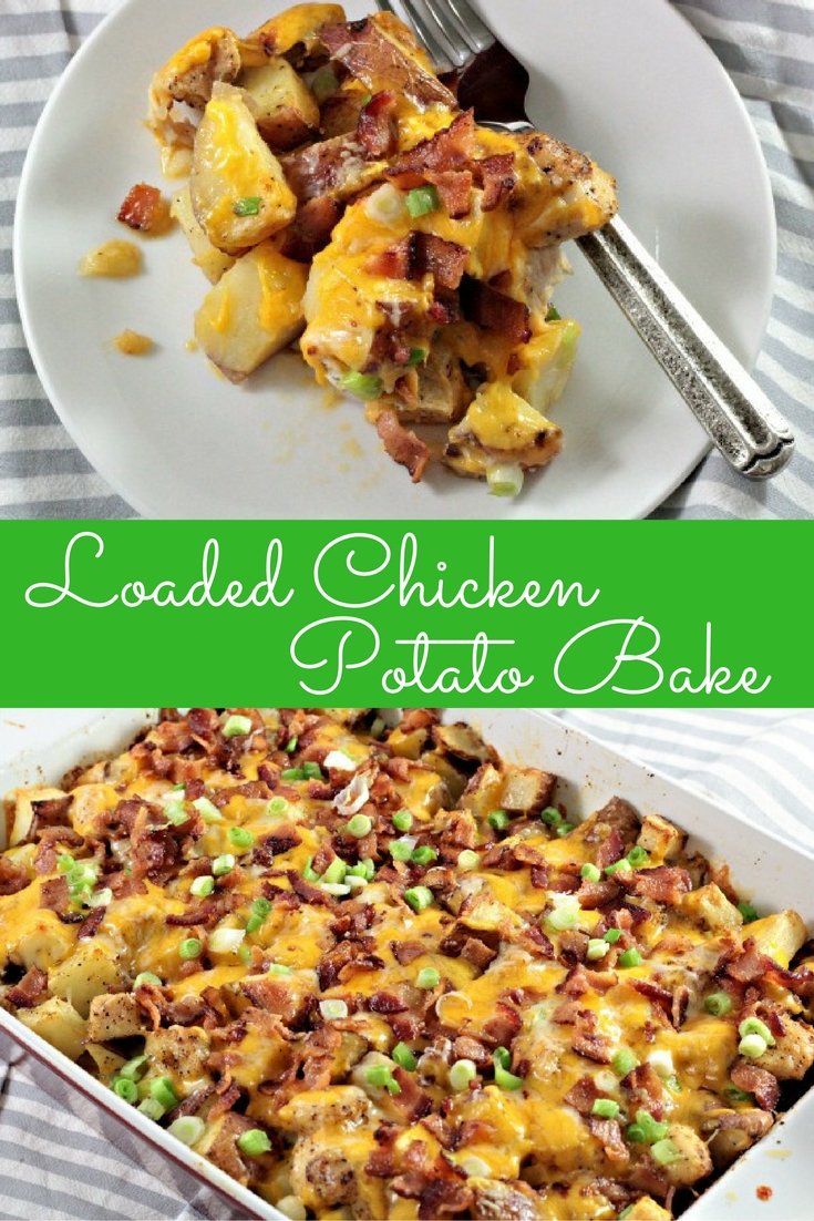 Loaded Chicken Potato Bake: Chicken and potatoes tossed with olive oil and seasonings, then topped with bacon, scallions, and melted cheese. So easy!