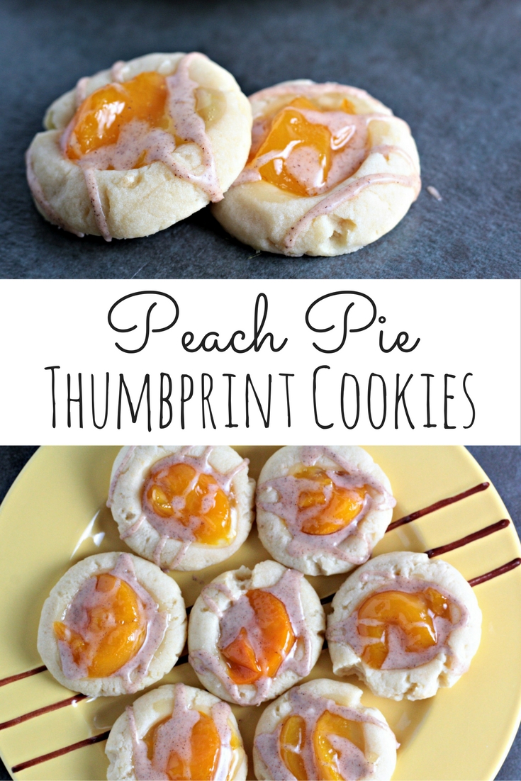 Peach Pie Thumbprint Cookies feature a shortbread type cookie topped with peach pie filling and drizzled with a cinnamon glaze. Mini peach pie in a cookie!