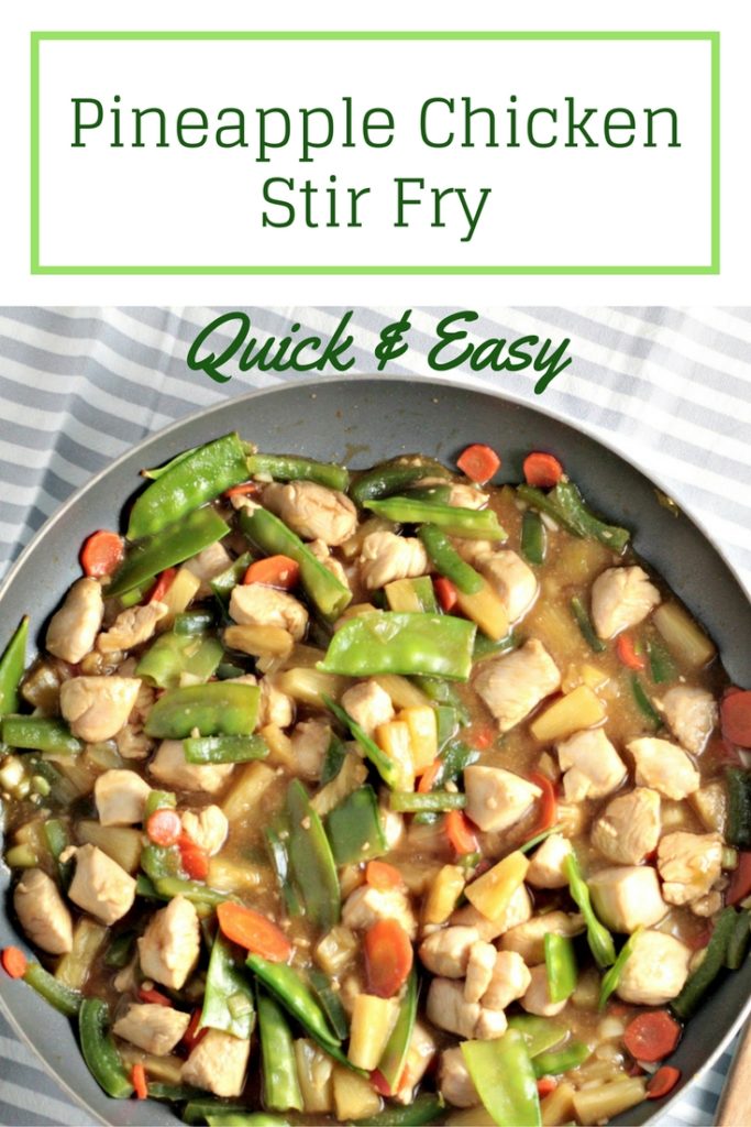 Pineapple Chicken Stir Fry combines chicken, carrots, bell peppers, snow peas, pineapples and juice, soy sauce, and broth. Healthy, quick and delicious!