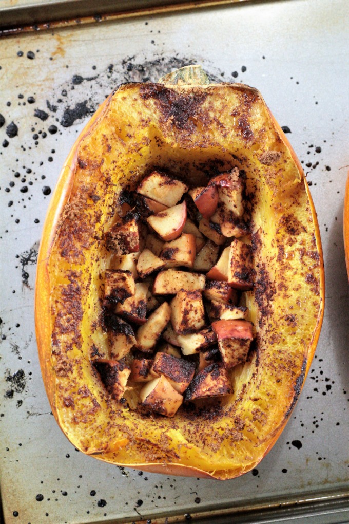 Roasted Spaghetti Squash & Apples has a touch of olive oil, brown sugar, cinnamon, and butter to make it the perfect side dish or dessert.