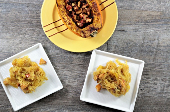 Roasted Spaghetti Squash & Apples has a touch of olive oil, brown sugar, cinnamon, and butter to make it the perfect side dish or dessert.
