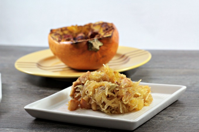 Roasted Spaghetti Squash & Apples has a touch of olive oil, brown sugar, cinnamon, and butter to make it the perfect side dish or dessert.