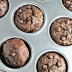 Double Chocolate Banana Oatmeal Muffins have oats, cocoa, buttermilk, applesauce, and chocolate chips. They are chocolatey, moist, easy, and quick.