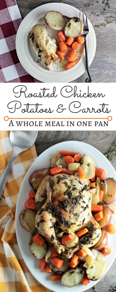 Roasted Chicken, Potatoes, & Carrots: Whole chicken, red potatoes, carrots, onion, olive oil, thyme, and parsley is all you need to make this meal in a pan!