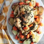 Roasted Chicken, Potatoes, & Carrots: Whole chicken, red potatoes, carrots, onion, olive oil, thyme, and parsley is all you need to make this meal in a pan!