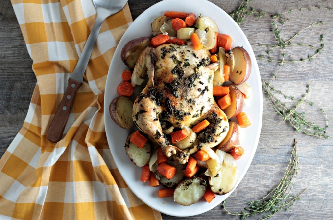 Roasted Chicken, Potatoes, & Carrots: Whole chicken, red potatoes, carrots, onion, olive oil, thyme, and parsley is all you need to make this meal in a pan!