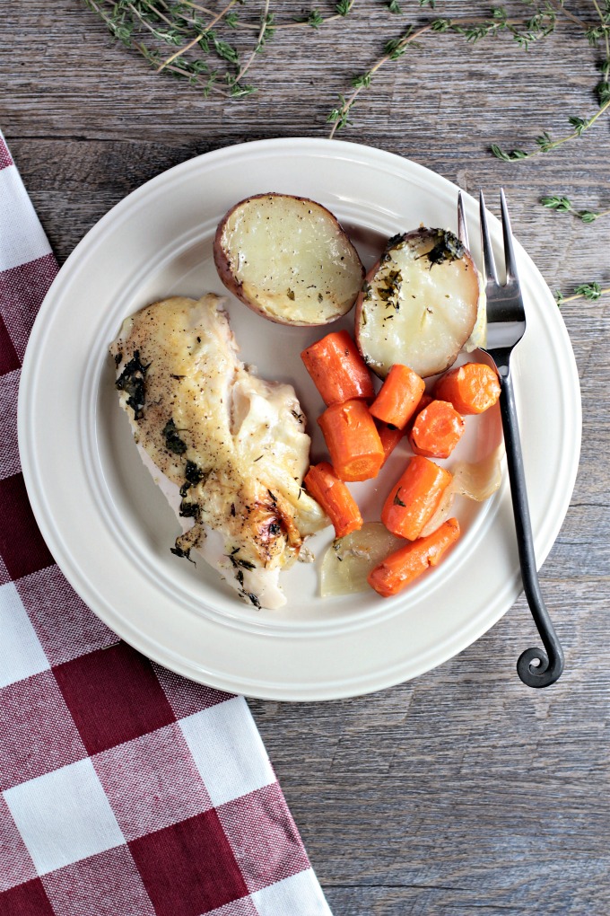 Roasted Chicken, Potatoes, & Carrots: Whole chicken, red potatoes, carrots, onion, olive oil, thyme, and parsley is all you need to make this meal in a pan!