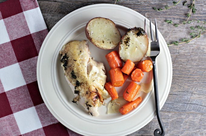 Roasted Chicken, Potatoes, & Carrots: Whole chicken, red potatoes, carrots, onion, olive oil, thyme, and parsley is all you need to make this meal in a pan!