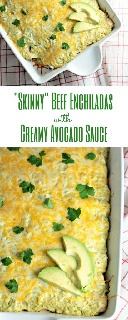 Skinny Beef Enchiladas with Creamy Avocado Sauce is a great low calorie and lowfat version of this classic Mexican dish. Easy, nutritious, and delicious!