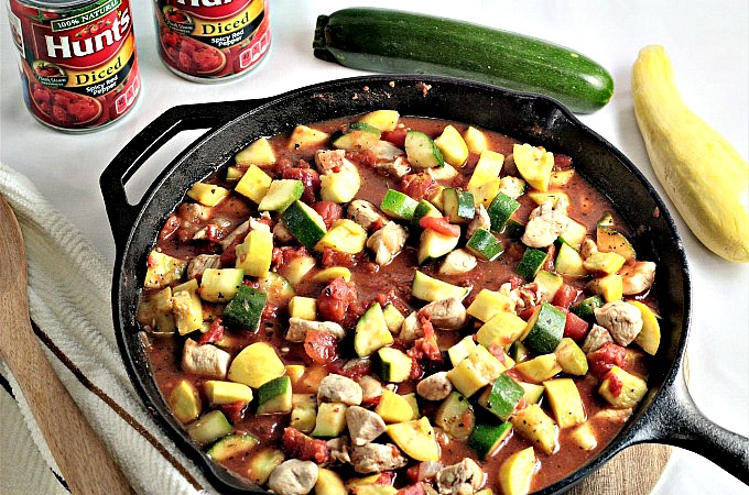 Spicy Chicken, Squash, and Tomatoes features olive oil, chicken, zucchini, yellow squash, Hunt’s canned tomatoes, and onions with herbs and spices. 