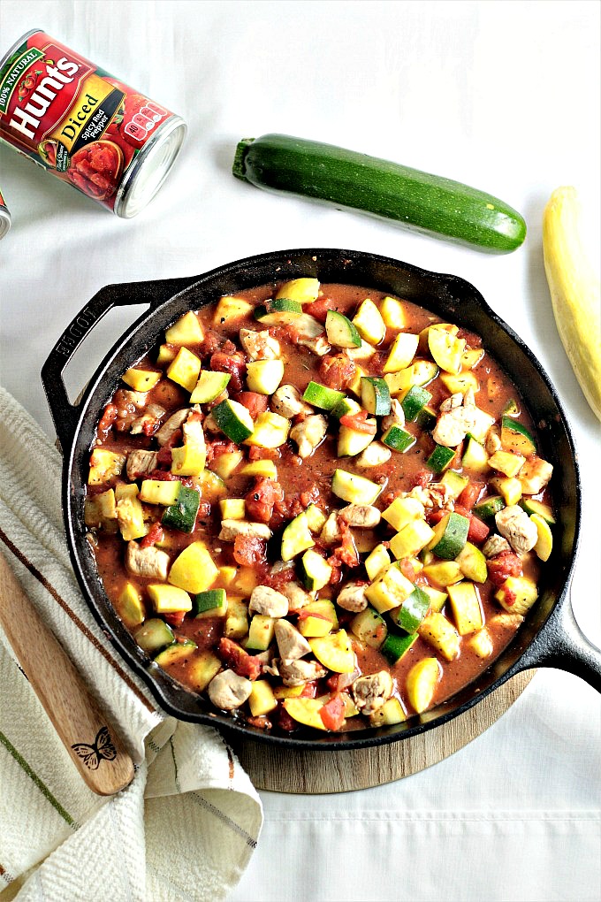 Spicy Chicken, Squash, and Tomatoes features olive oil, chicken, zucchini, yellow squash, Hunt’s canned tomatoes, and onions with herbs and spices.