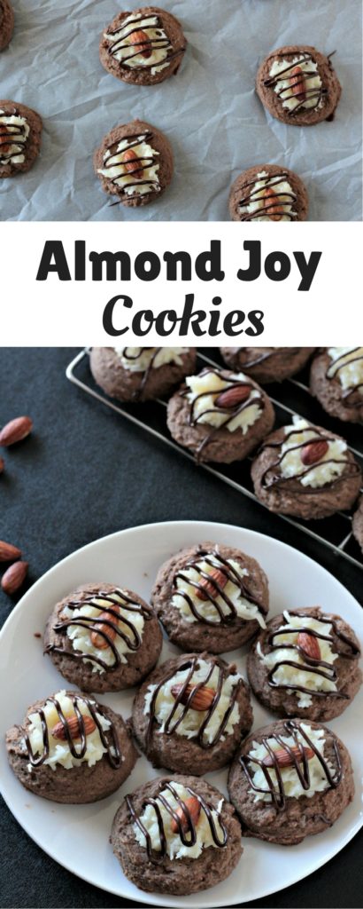 Almond Joy Cookies feature a light and fluffy chocolate cookie baked to perfection, topped with sweet gooey coconut candy then drizzled with chocolate. 