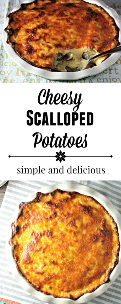 Cheesy Scalloped Potatoes feature thinly slice layered potatoes topped with a cheesy béchamel sauce made of milk, butter, flour, onion, and cheese. 