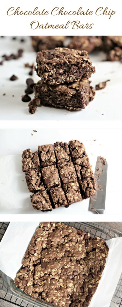 Chocolate Chocolate Chip Oatmeal Bars feature cocoa, oats, and chocolate chips to make this rich, dense and delicious cookie bar. 