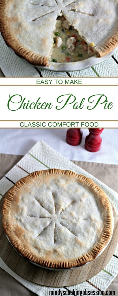 Chicken Pot Pie features store bought crust, cooked chicken, peas, corn, carrots, green beans, and potatoes in a creamy sauce. 