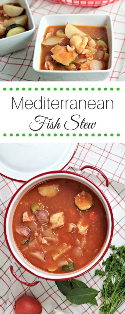 Mediterranean Fish Stew features cod, potatoes, tomatoes, carrots, celery, onions, garlic, anchovies, and fresh herbs. It is a flavorful and healthy dish.