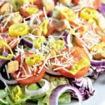 Italian Style Salad: Romaine mix, butter, and baby red lettuces, radicchio, Roma tomatoes, red onion, pepperoncini, Parmesan cheese, and croutons.