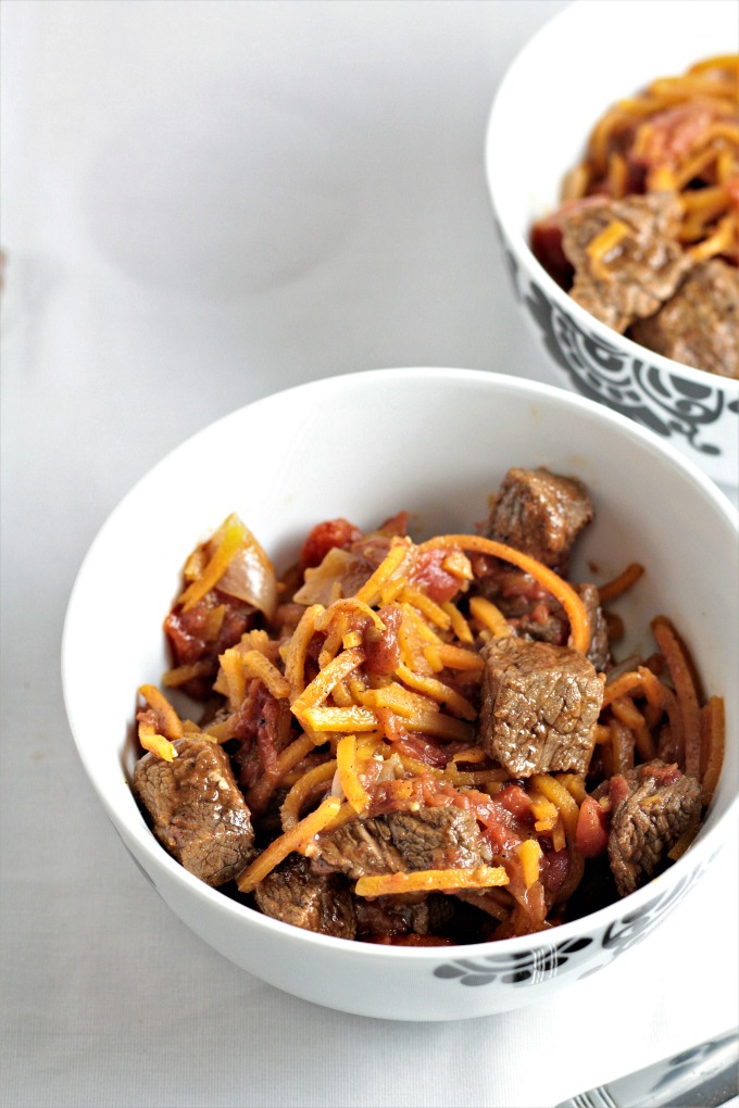 Skillet Beef Tagine with Spiralized Butternut Squash combines beef, shallots, tomatoes, spiralized butternut squash and spices to make a healthy dish.