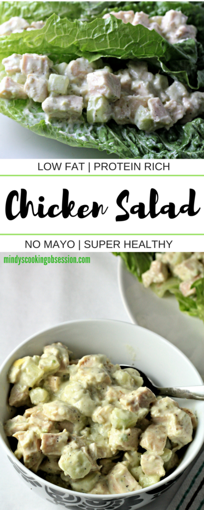 Super Healthy Chicken Salad combines chicken, cucumber, yogurt, avocado, salt, pepper and lime juice to make a dish with no mayo that is quick, easy and super healthy!