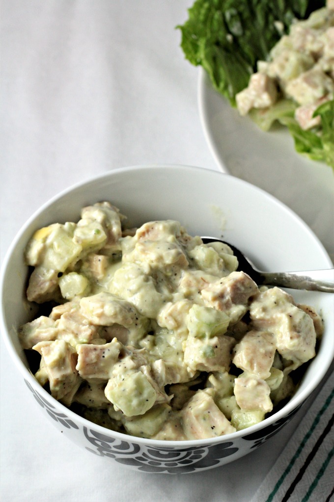 Super Healthy Chicken Salad combines chicken, cucumber, yogurt, avocado, salt, pepper and lime juice to make a dish with no mayo that is quick, easy and super healthy!