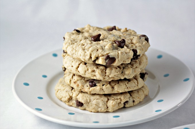 BIG Oatmeal Chocolate Chip Cookies are nearly 4 inches around! They are thick, yummy and stay together very well when you pick them up. So easy to make.