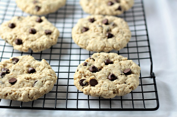 BIG Oatmeal Chocolate Chip Cookies are nearly 4 inches around! They are thick, yummy and stay together very well when you pick them up. So easy to make.