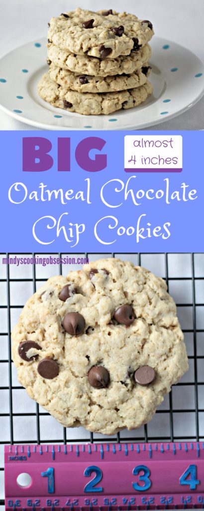 BIG Oatmeal Chocolate Chip Cookies are nearly 4 inches around! They are thick, yummy and stay together very well when you pick them up. So easy to make.